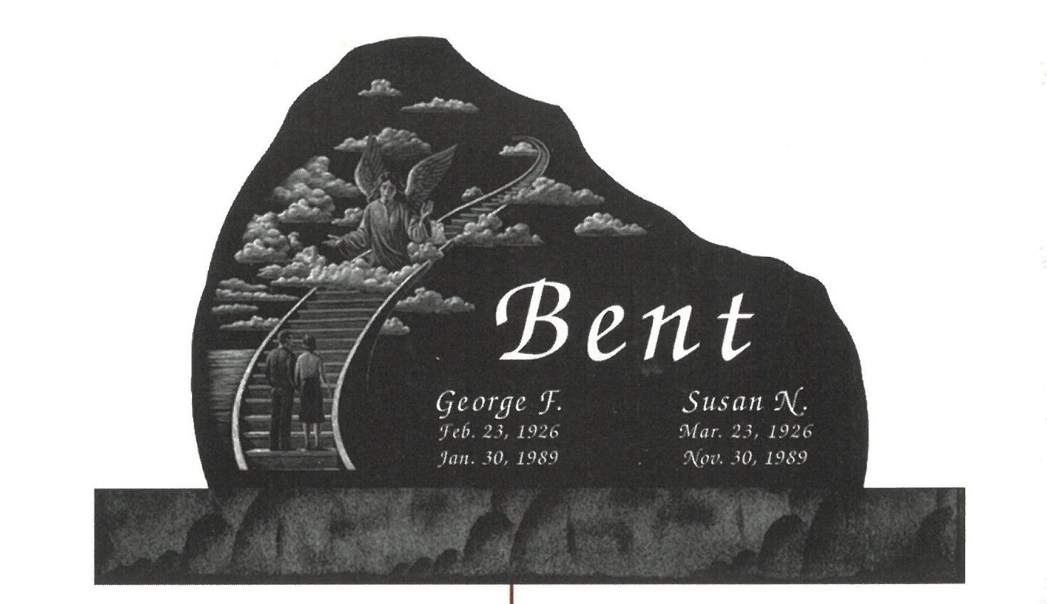 Black granite gravestone with carved flowers and the name “Bent” in white lettering.