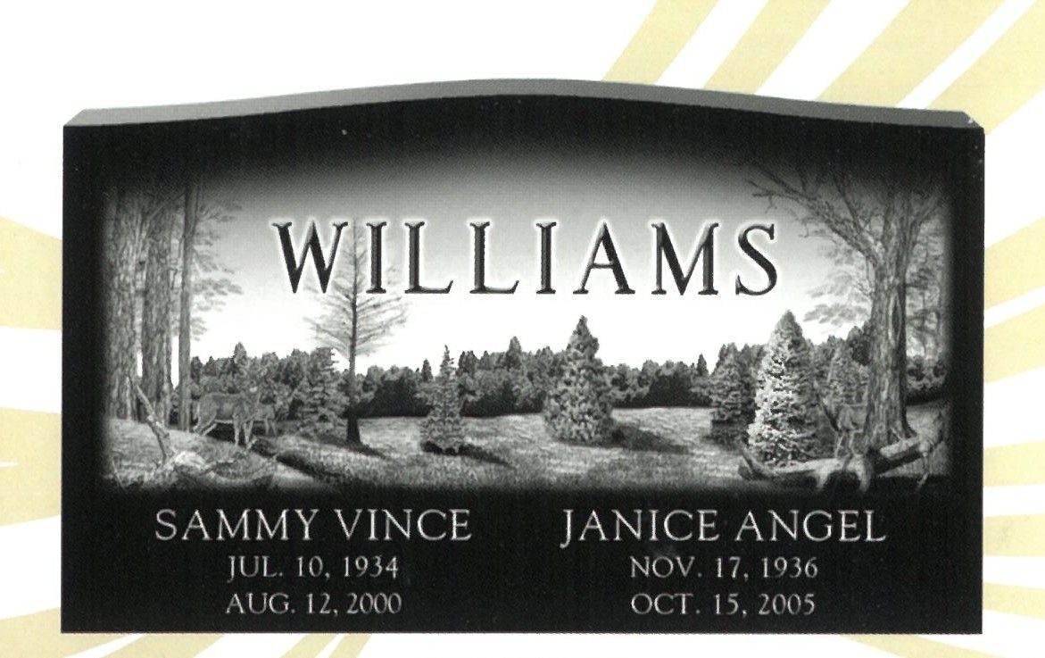 Williams family headstone with engraved landscape and the names Sammy Vince and Janice Angel.
