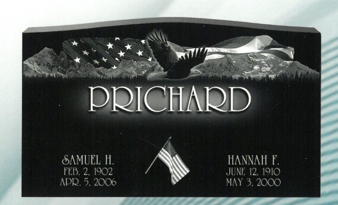 PRICHARD gravestone with eagle, stars, and small American flag on a dark memorial plaque