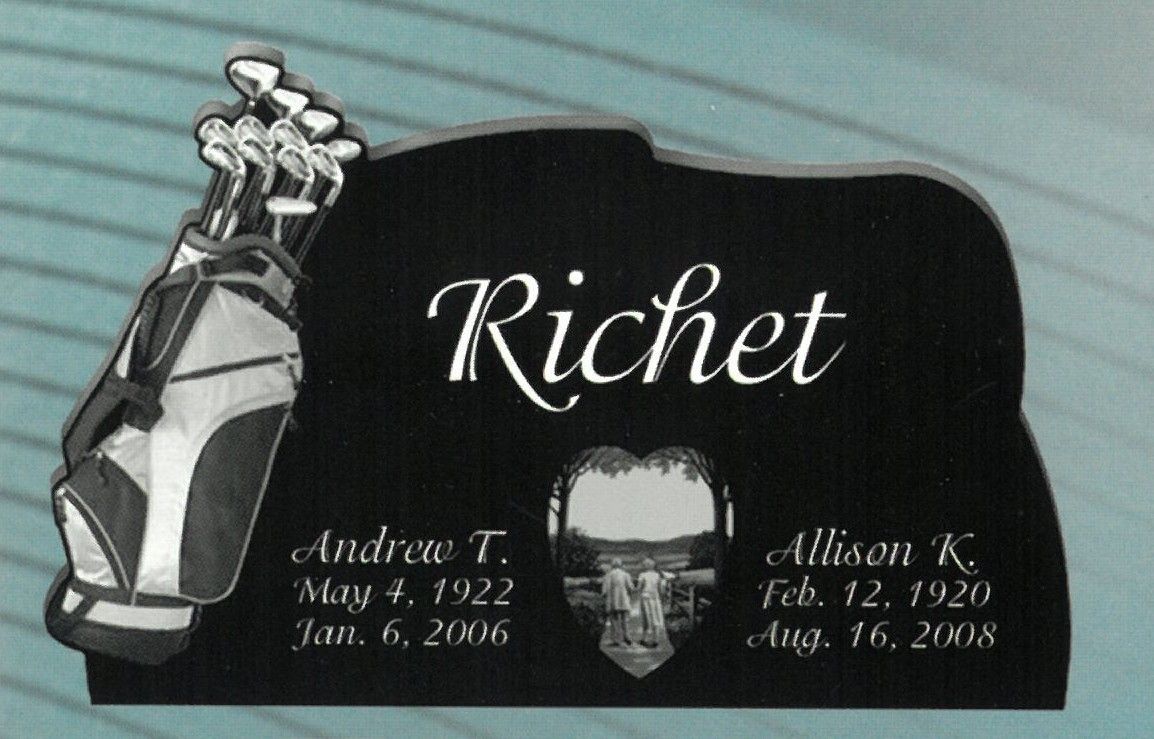 Black gravestone with “Richet,” golf bag, and two portrait photos with names and dates