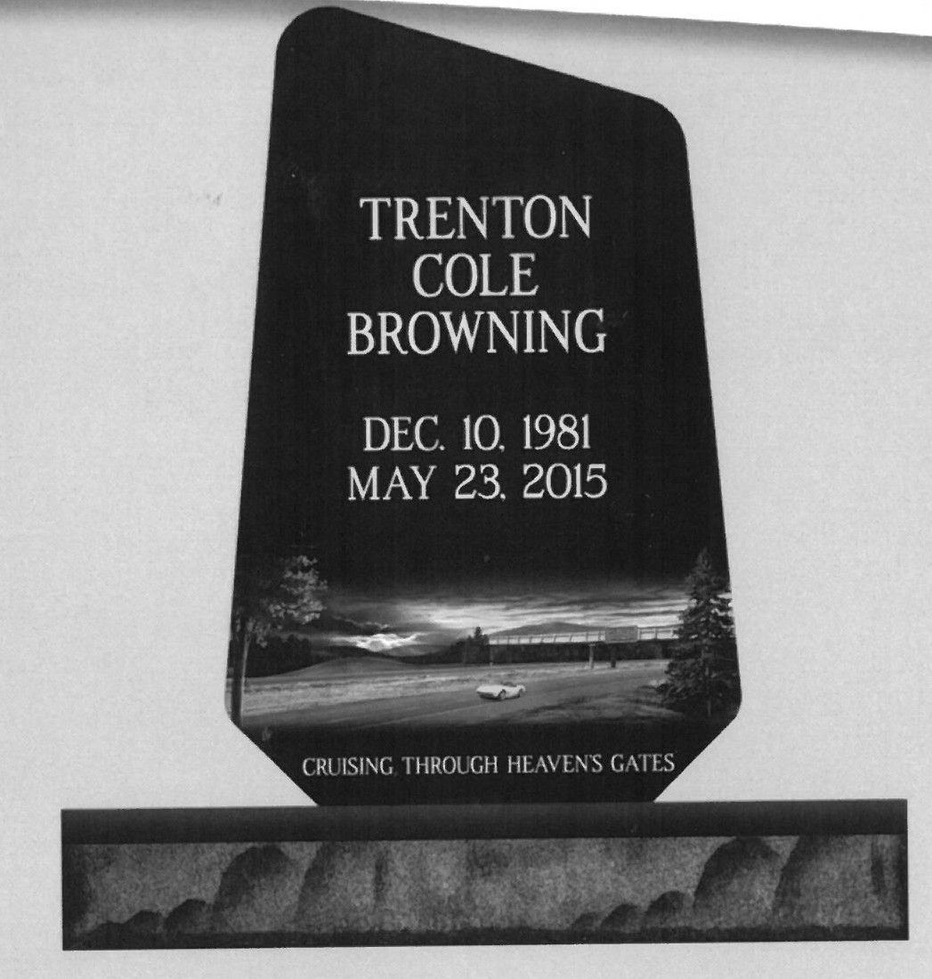 Black memorial plaque for Trenton Cole Browning with dates and “Crossing Through Heavens Gates” inscription