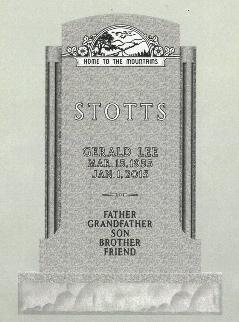 Gray gravestone with the name STOTTS and memorial text for family members