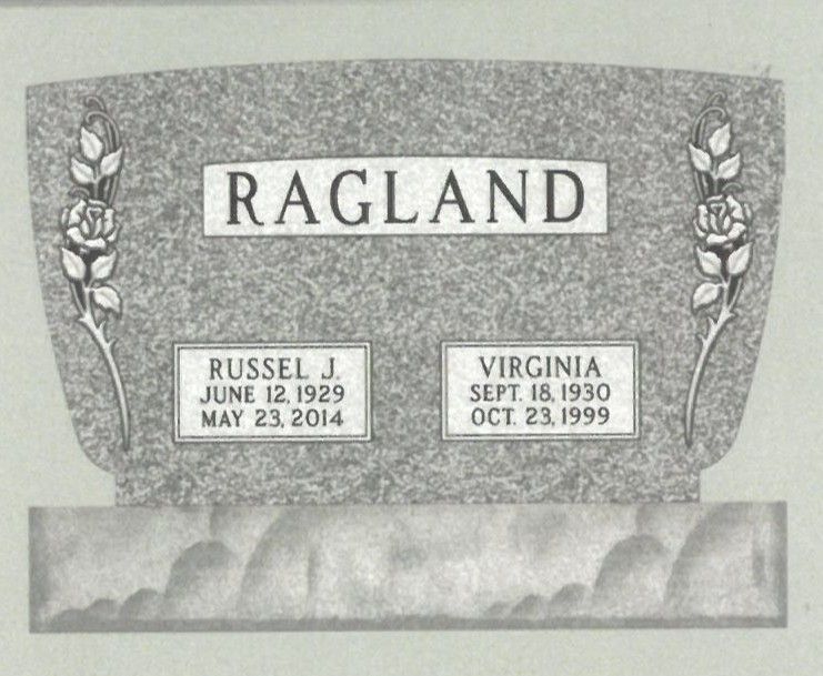 Gray gravestone engraved “RAGLAND” with two name plaques and floral carvings