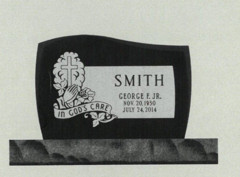 Black gravestone engraved “SMITH” with a cross and “In God’s Care” on a light background