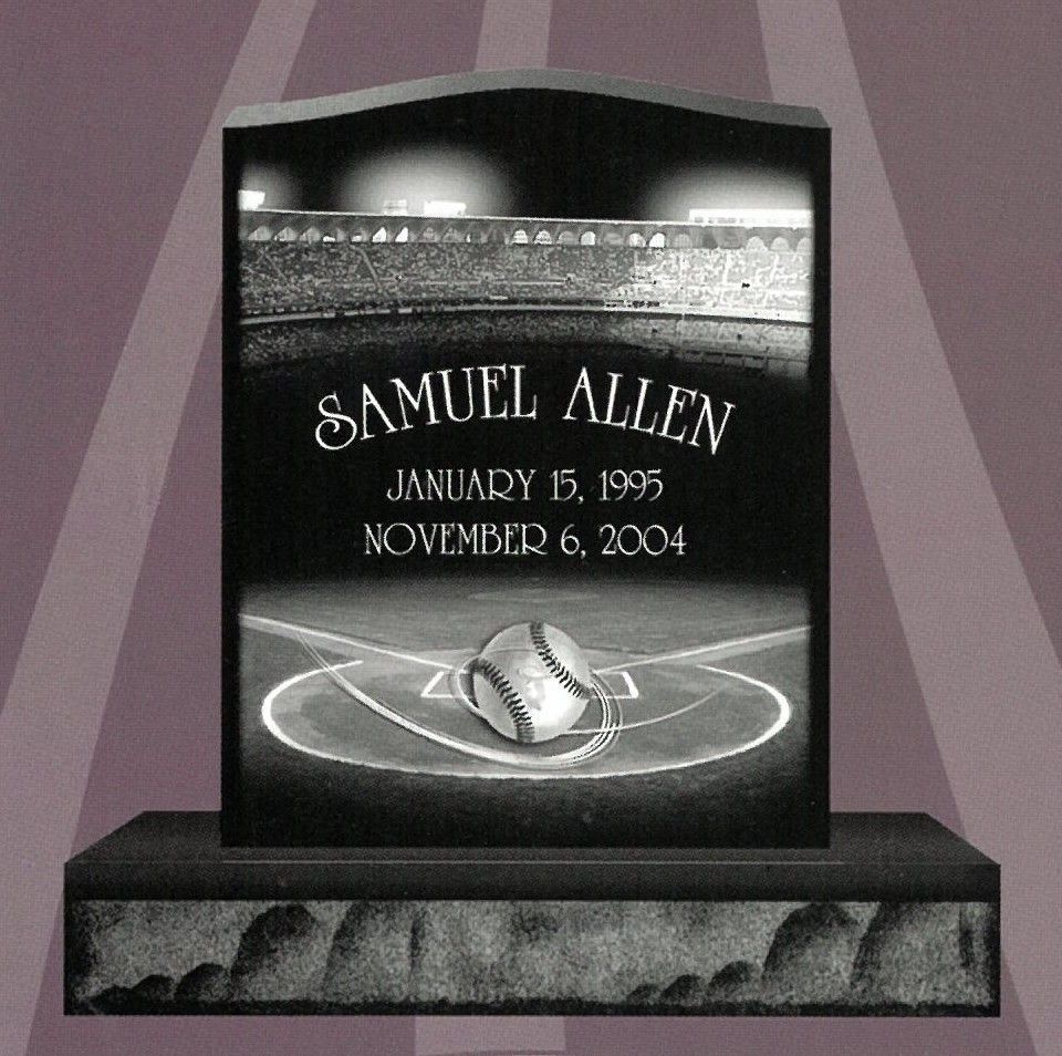 Black memorial headstone with a baseball player photo and the name Samuel Allen, 1995–2004