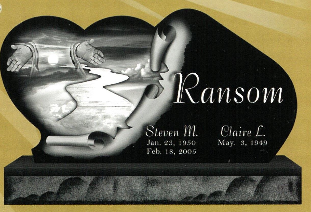 Ransom gravestone with carved heart and two names, set against a gold background