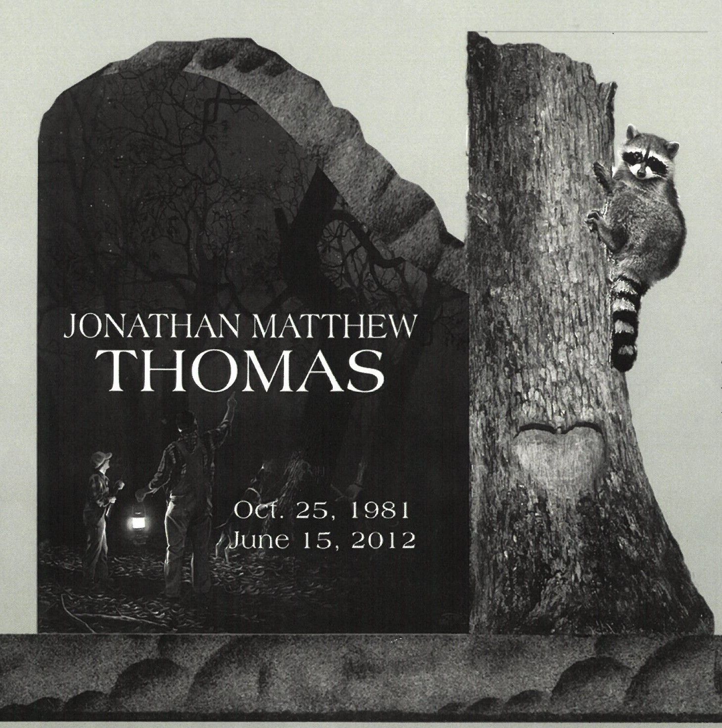 Memorial gravestone for Jonathan Matthew Thomas with dates Oct. 25, 1981–June 15, 2012 and a carved climber