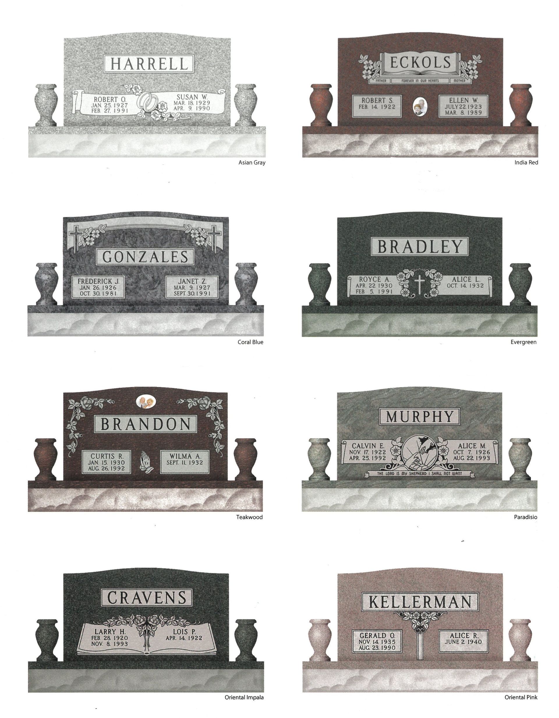 Collage of eight decorative cemetery headstones in varied colors and styles on a white background