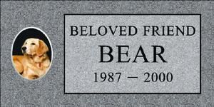 Memorial plaque for beloved friend Bear, with a small dog photo and dates 1987–2000