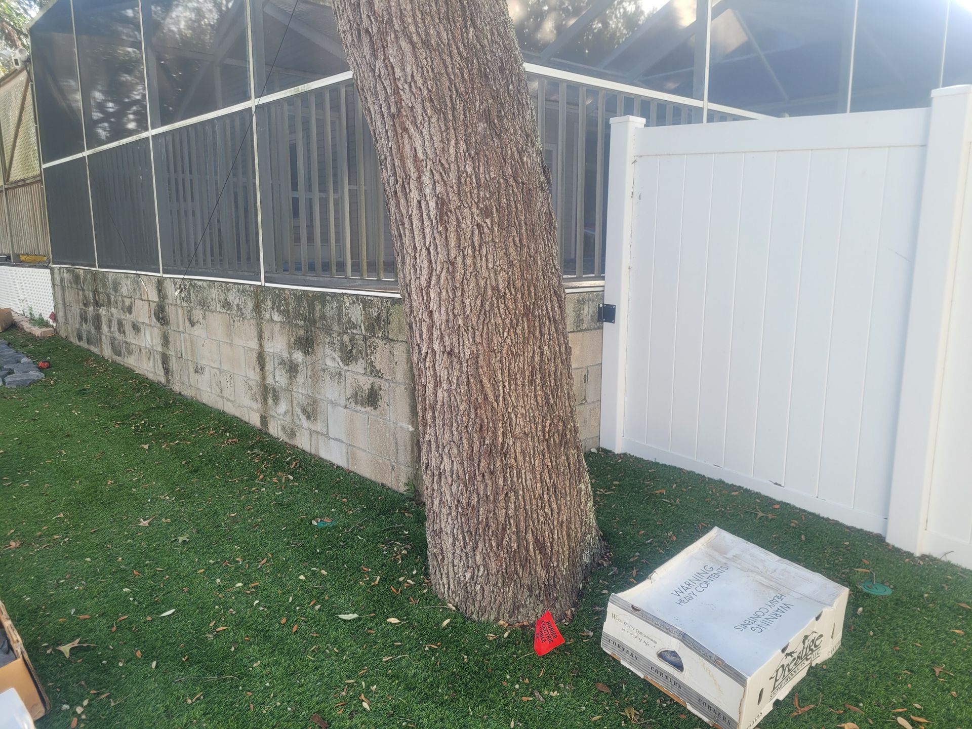 Tree trunk next to a fence and white gate, a cardboard box on the grass.