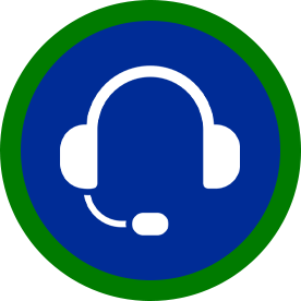White headset icon on a blue circle with a blue border, representing customer support.