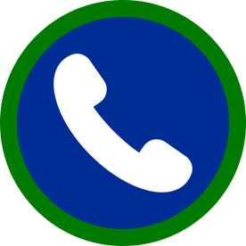 White phone icon in a blue circle with a green border, indicating a call function.