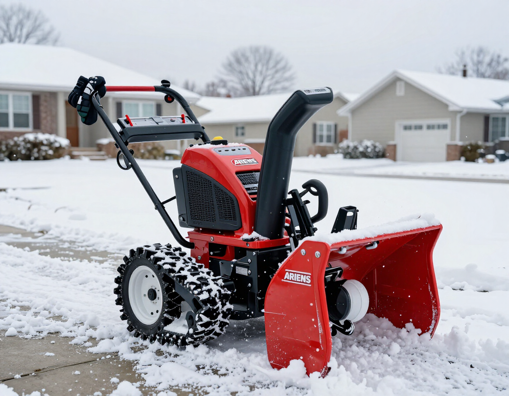 Red snow blower clearing a snowy driveway in a residential neighborhood.