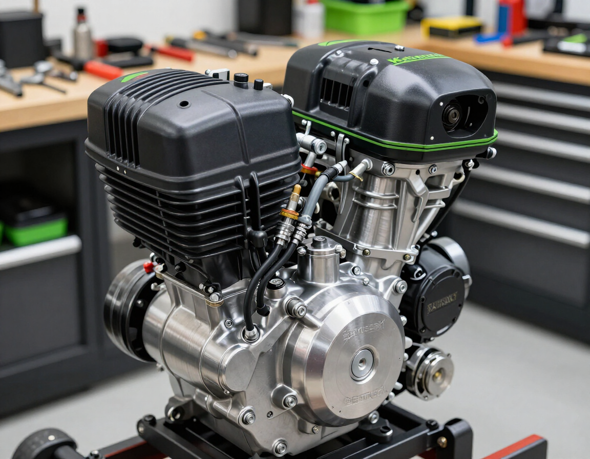 Small industrial engine on a workshop bench, with polished metal parts and black components.