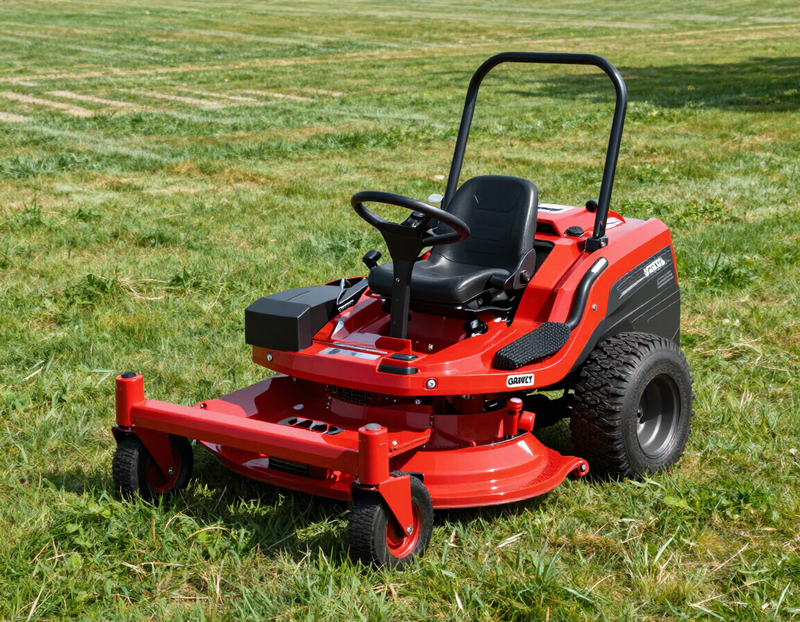 Red zero-turn lawn mower on grass, with black seat and red cutting deck.