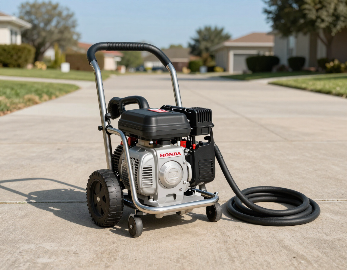 Portable Honda pressure washer with hose on a driveway in a suburban neighborhood