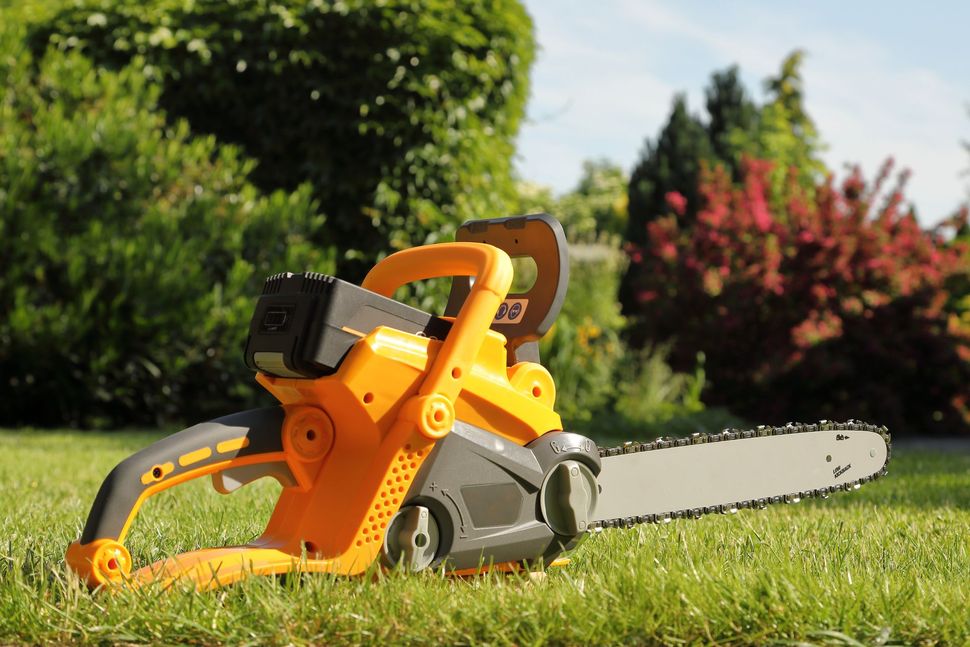 Orange chainsaw resting on grass in a sunny garden