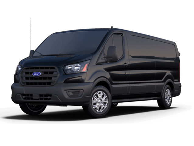 A black ford transit van is parked on a white background.