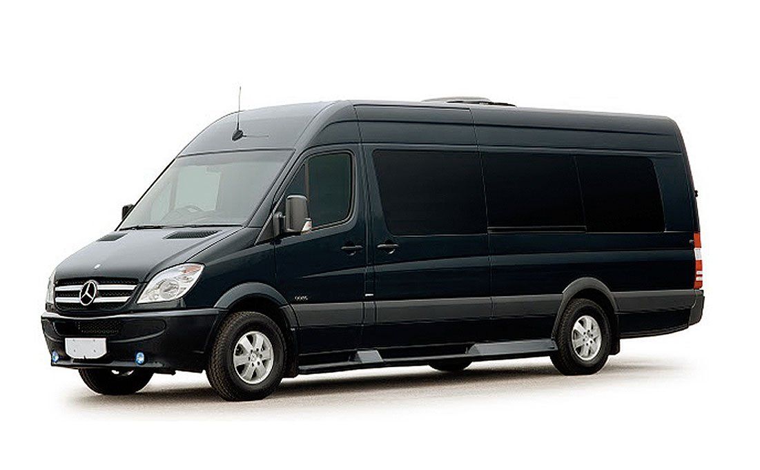 A black van is parked on a white background.