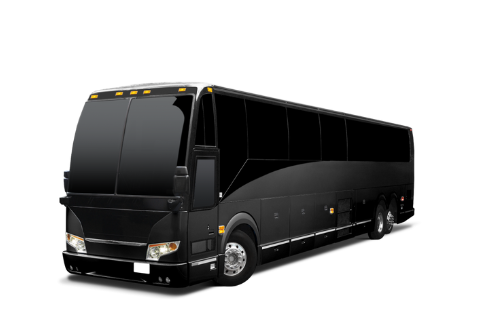 A black bus is parked on a white background.
