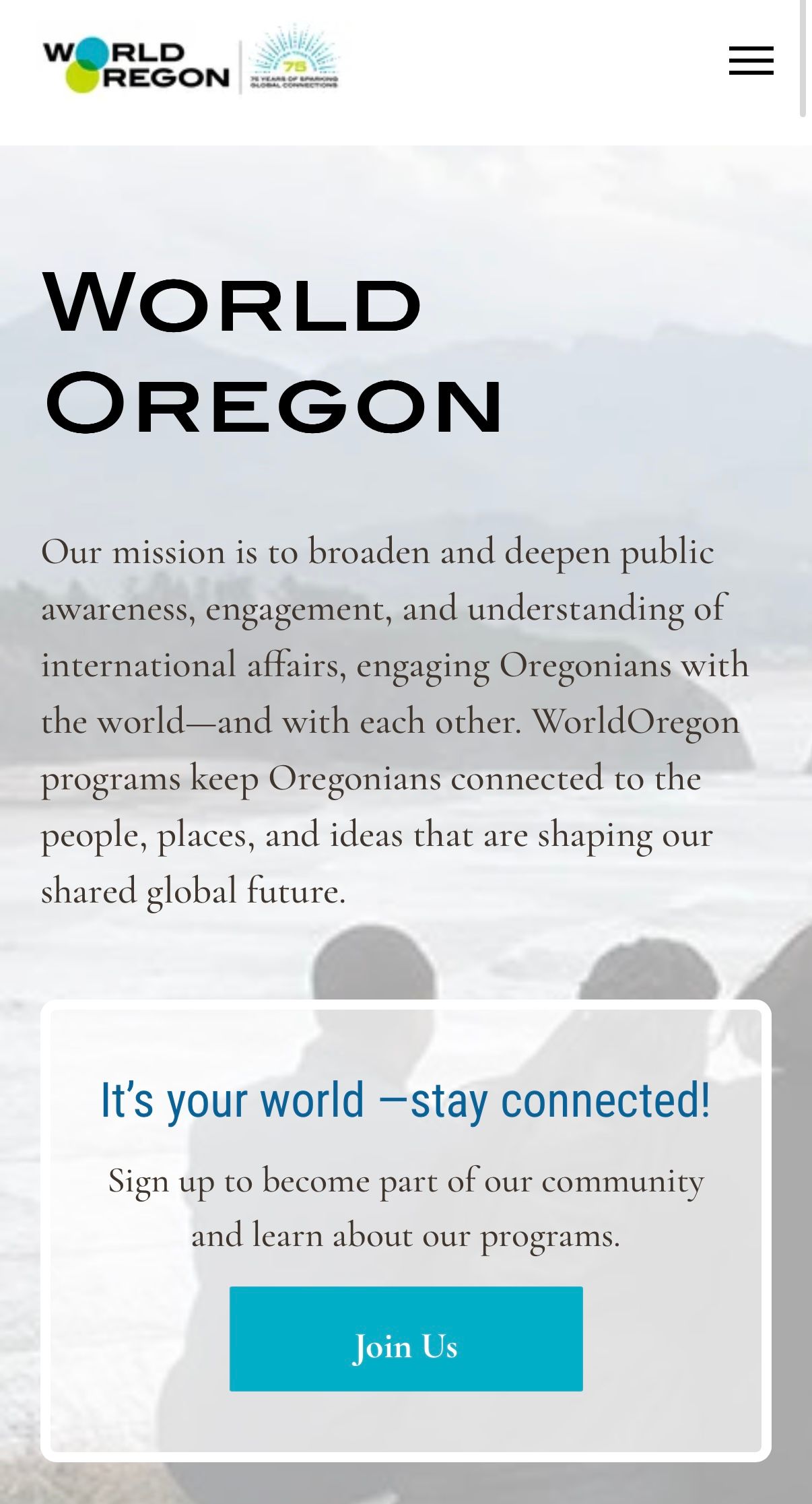 World Oregon website homepage: Logo, headline 