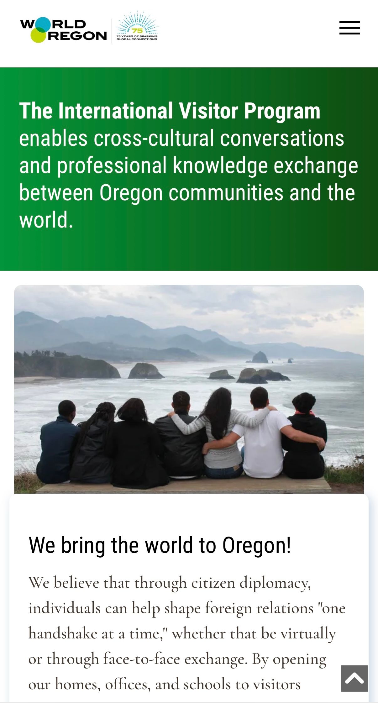People sitting on a cliff overlooking the ocean, with text about the International Visitor Program.