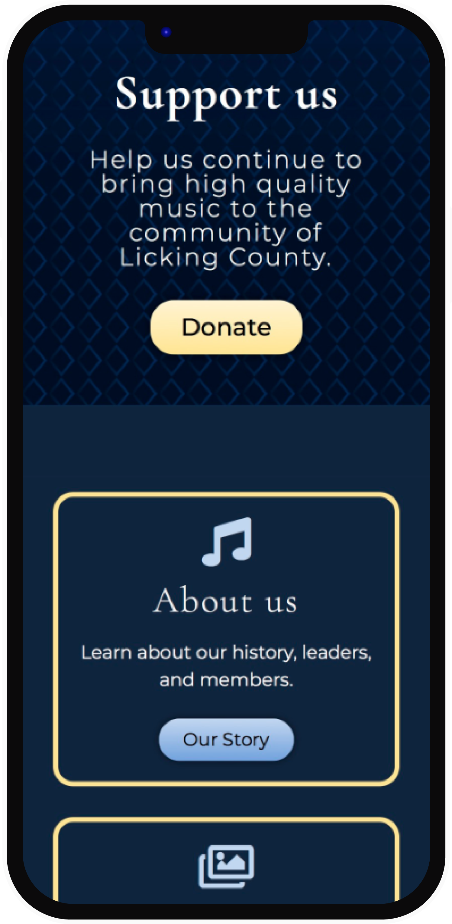 A mobile phone screen displays a website with a