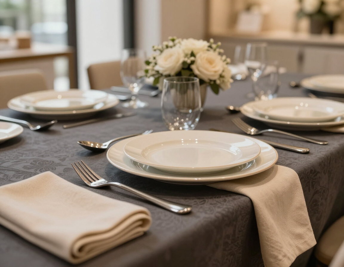 Elegant dining table set with white plates, folded napkins, silverware, and a small floral centerpiece