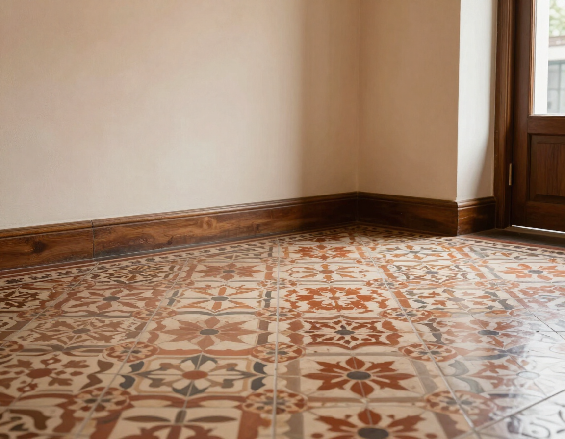 Empty room with patterned tile floor, beige walls, wooden trim, and a doorway on the right