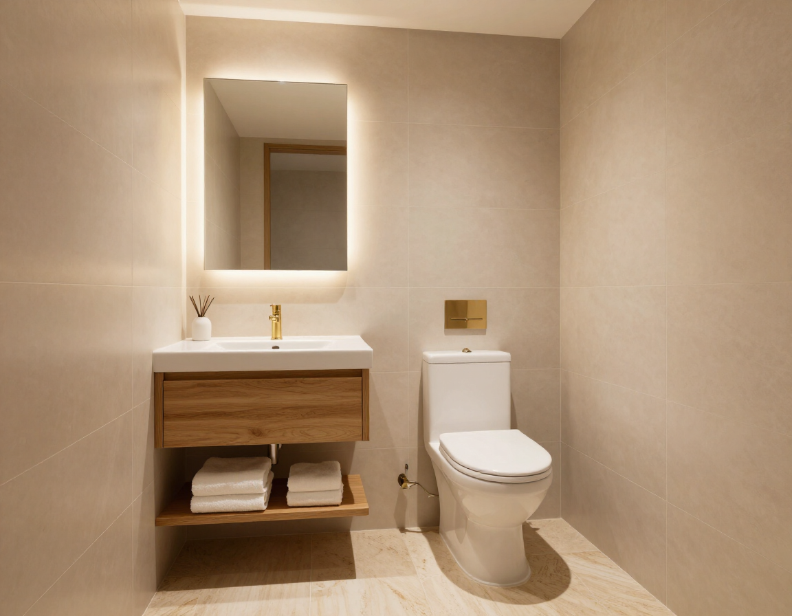 Modern beige bathroom with wall mirror, wood vanity, and toilet