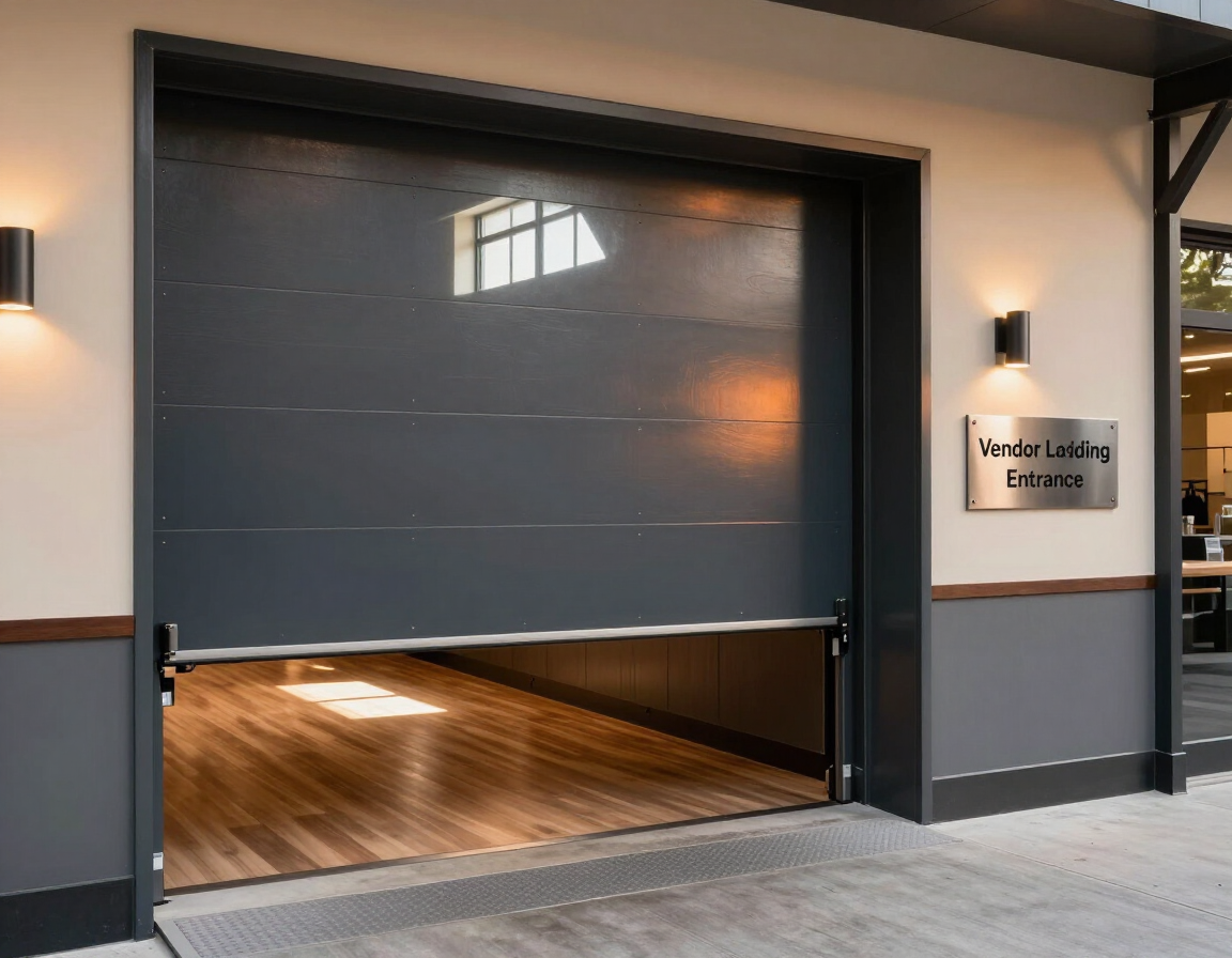 Partially open gray garage door revealing a lit wooden-floor interior