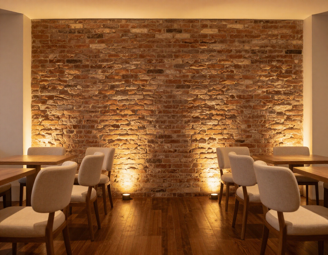 Cozy restaurant dining area with white chairs, wooden tables, and a warmly lit brick wall