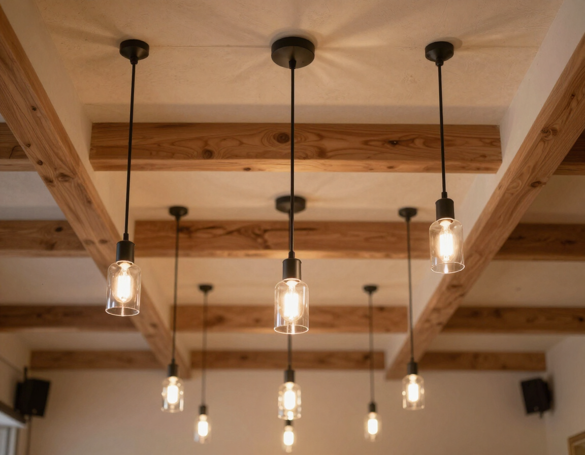 Modern ceiling with exposed wooden beams and hanging Edison-style pendant lights