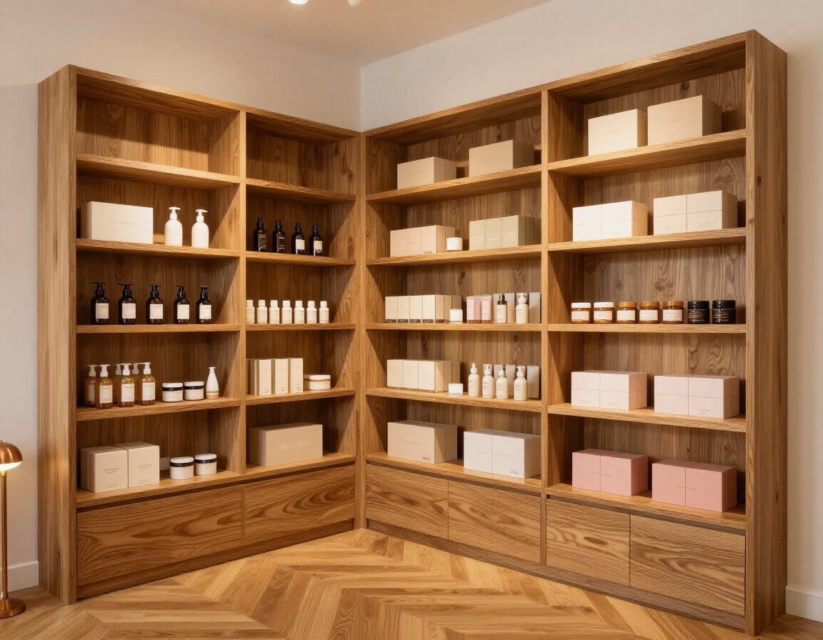 Wooden corner shelves in a warm-toned room, neatly arranged with jars, boxes, and bottles.