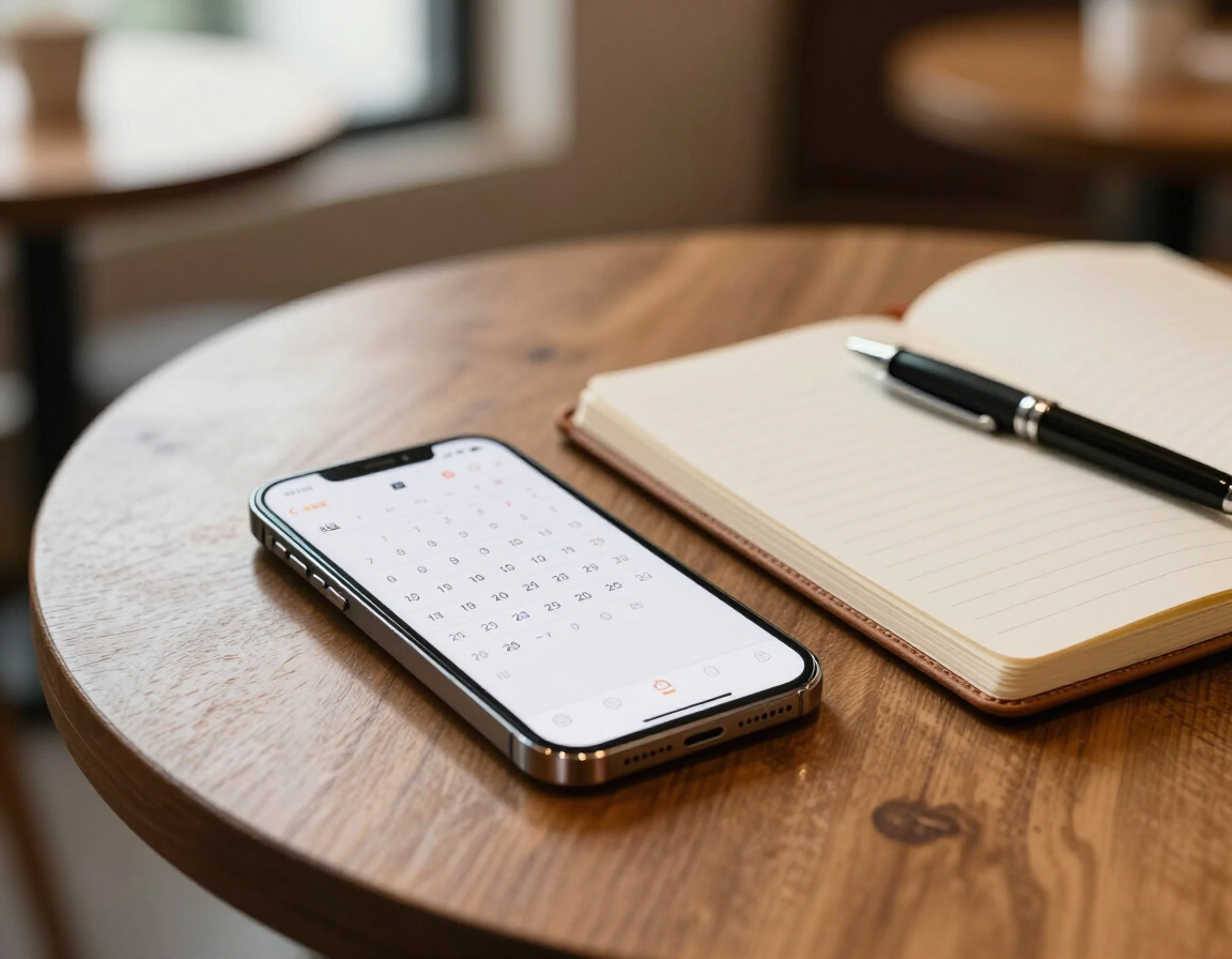 Smartphone beside a notebook and pen on a wooden table
