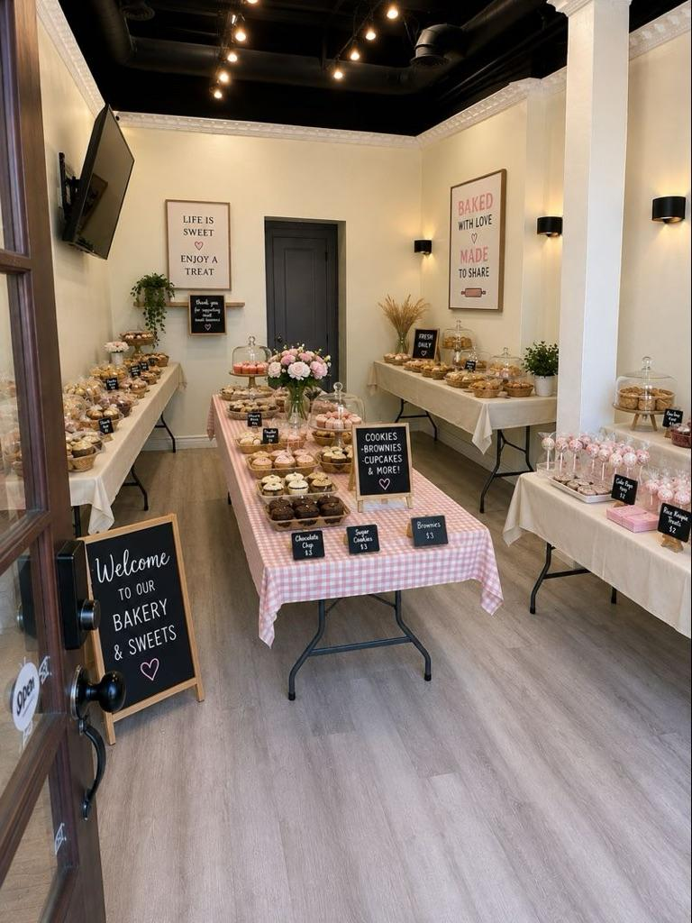 Bright boutique shop with tables of flowers, candles, and small gifts under warm lights