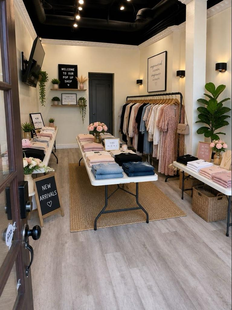 Boutique clothing store interior with racks of apparel, folded sweaters, and a central display table