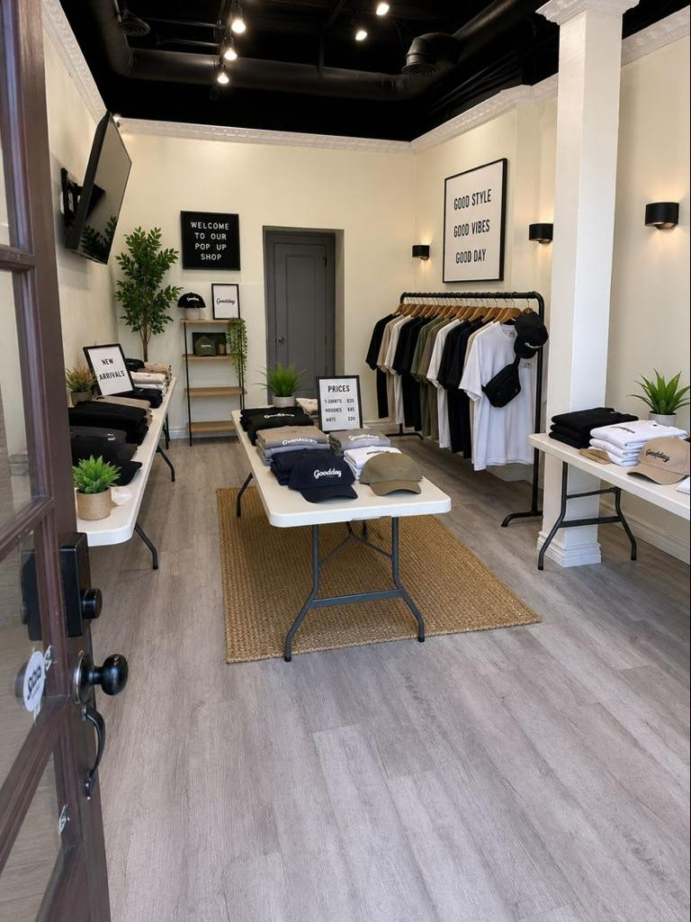 Modern boutique clothing store with racks, tables, plants, and framed wall art