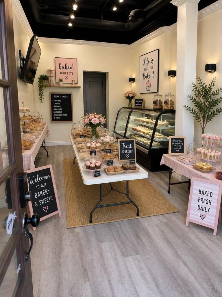 Cozy café interior with pastries, chalkboard signs, a display counter, and floral decor