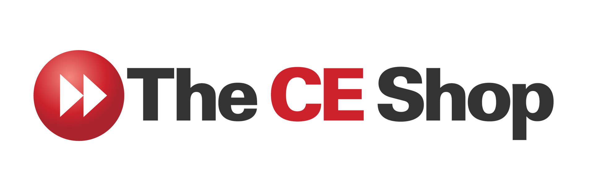 Logo for The CE Shop, features a red circle with white fast forward symbol next to text.