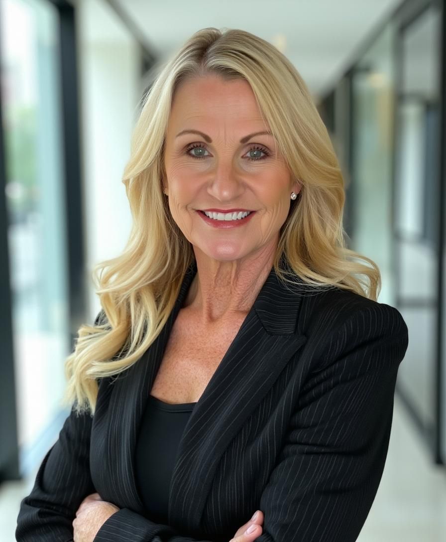 Woman in a black blazer smiles, arms crossed, in a well-lit office hallway.