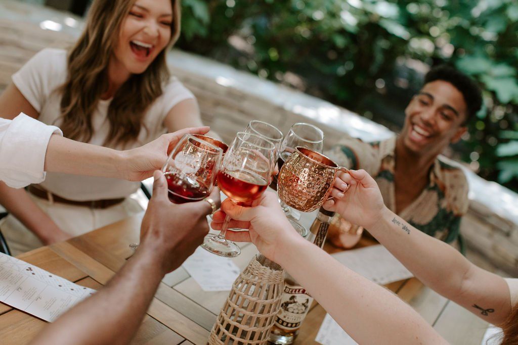 People toasting with wine glasses outdoors, smiling, bright light.