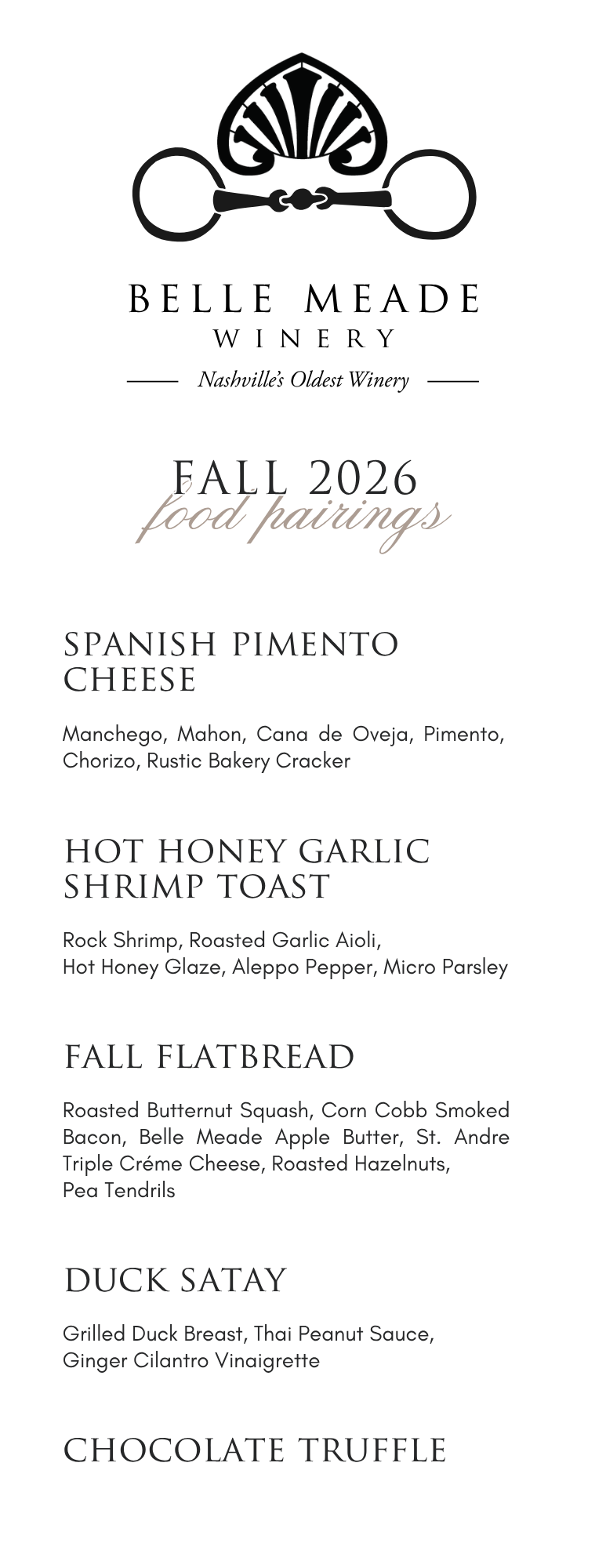 Food menu: Apple Brie Crostini, Shrimp Piccata, Duck Wonton, Bison Barbacoa Flatbread, Chocolate Truffle.