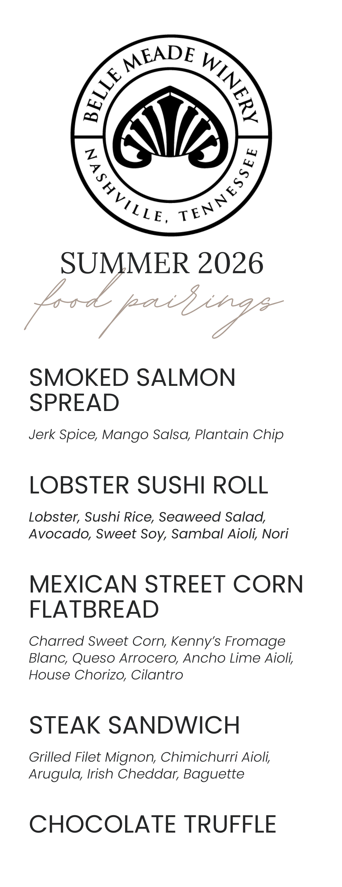 Food Menu Fall 2025. Featuring Apple Brie Crostini, Shrimp Piccata, Duck Wonton, Bison Barbacoa Flatbread, Chocolate Truffle.