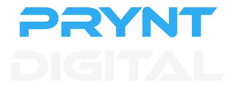 Blue and white PRYNT DIGITAL logo on a light background
