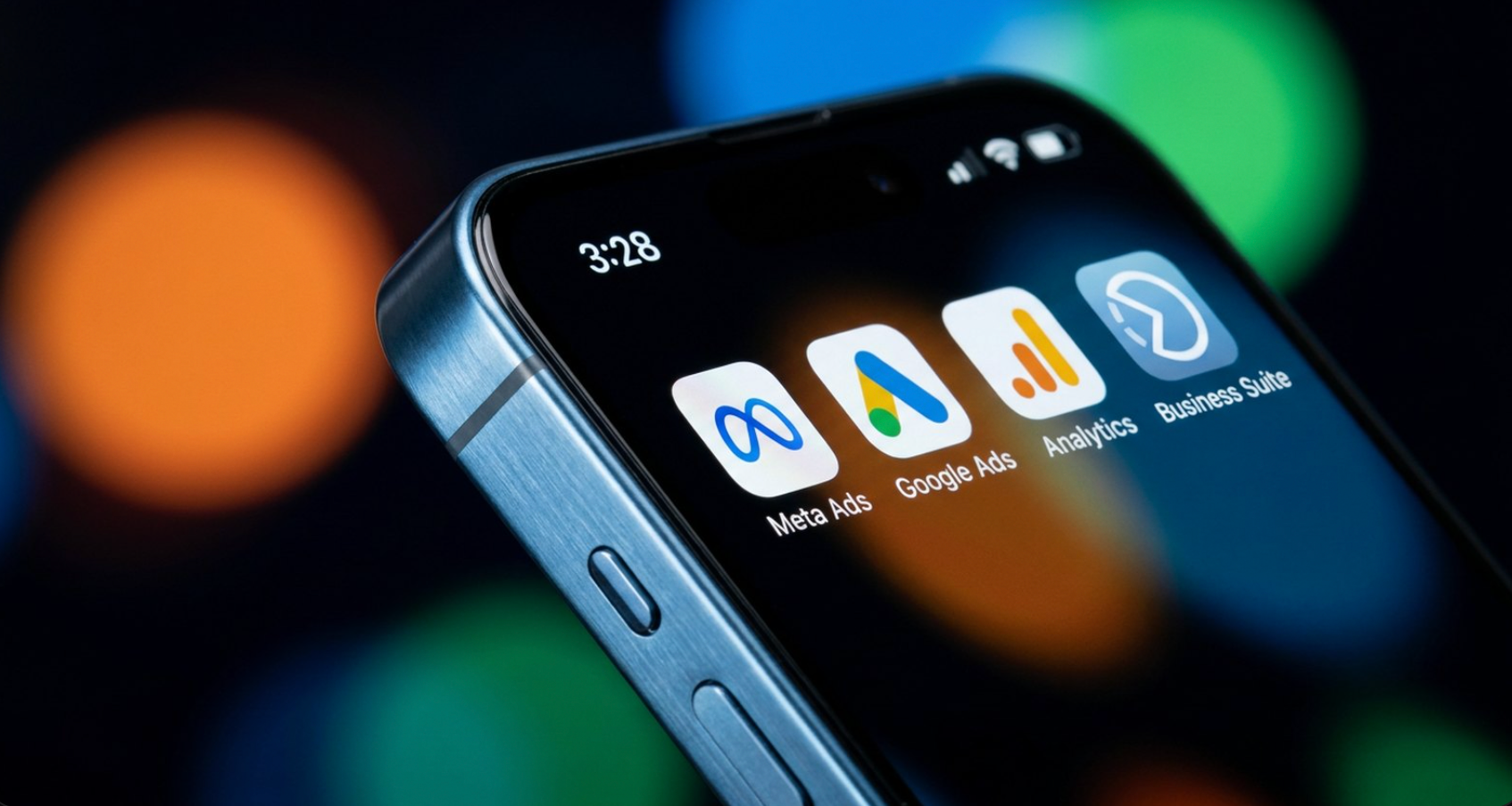 Smartphone screen with app icons, shown at an angle against a blurred colorful background