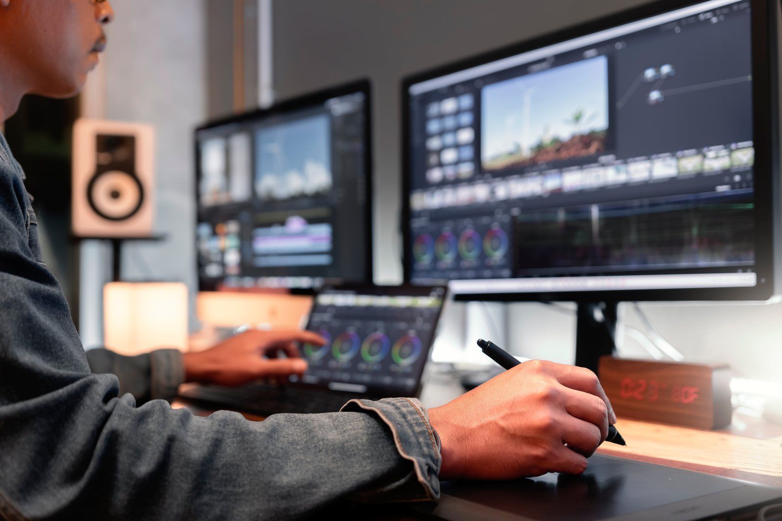Person editing video on dual monitors at a desk, using a stylus on a tablet.