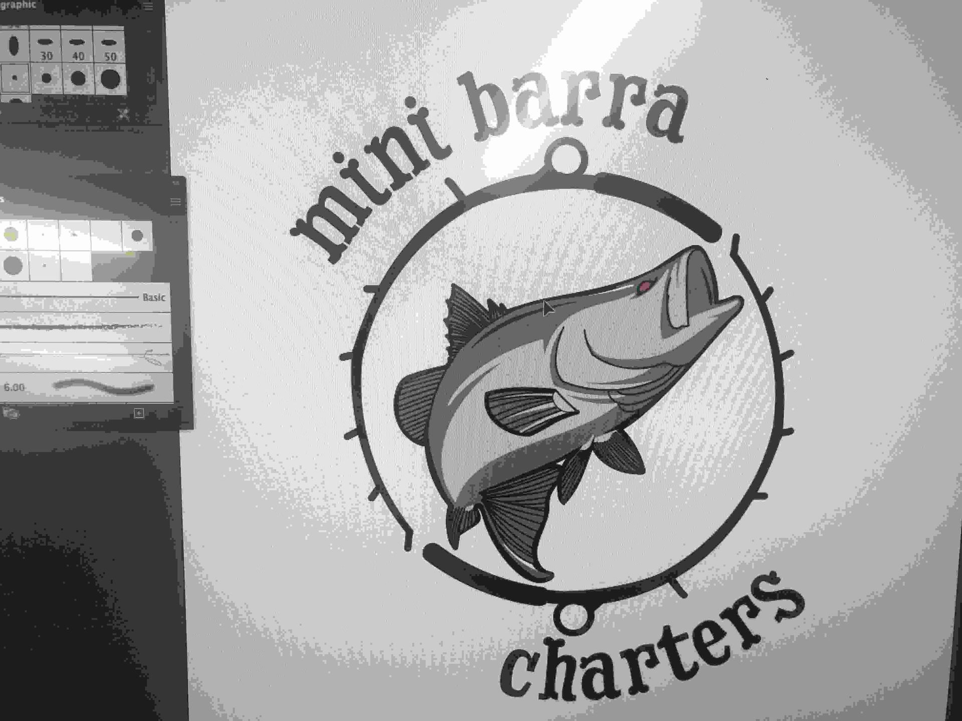 A Black And White Photo Of A Mini Barra Charters Logo — Cairns Custom T-Shirts In Cairns City, QLD