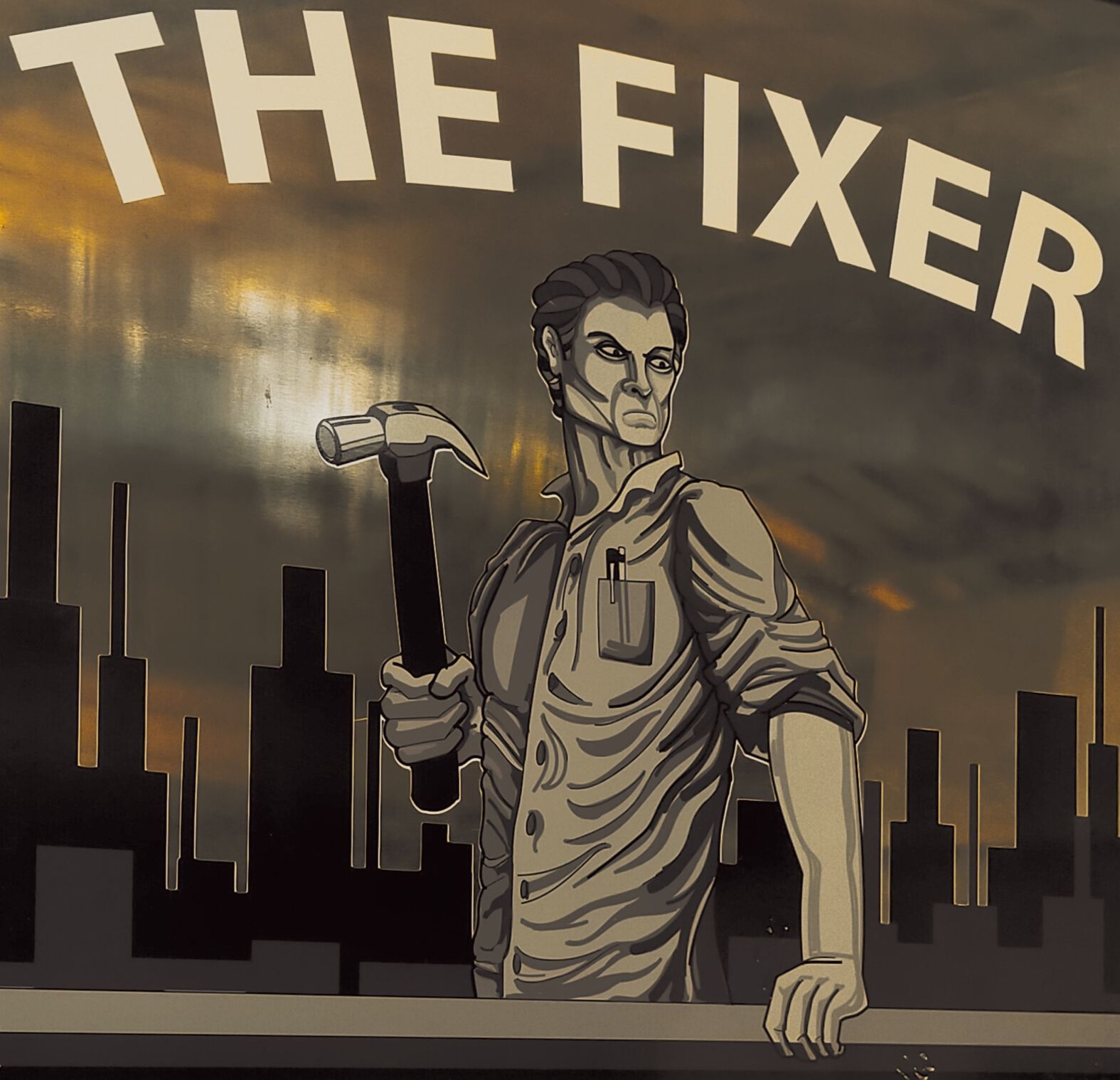 A cartoon of a man holding a hammer with the words the fixer above him — Cairns Custom T-Shirts In Cairns City, QLD