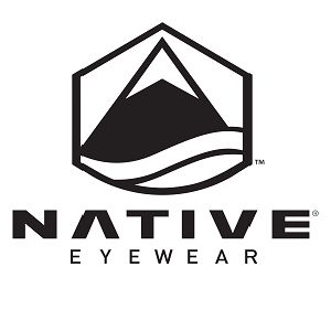 Native Eyewear logo: Black hexagon frame with mountain and wave graphic above 